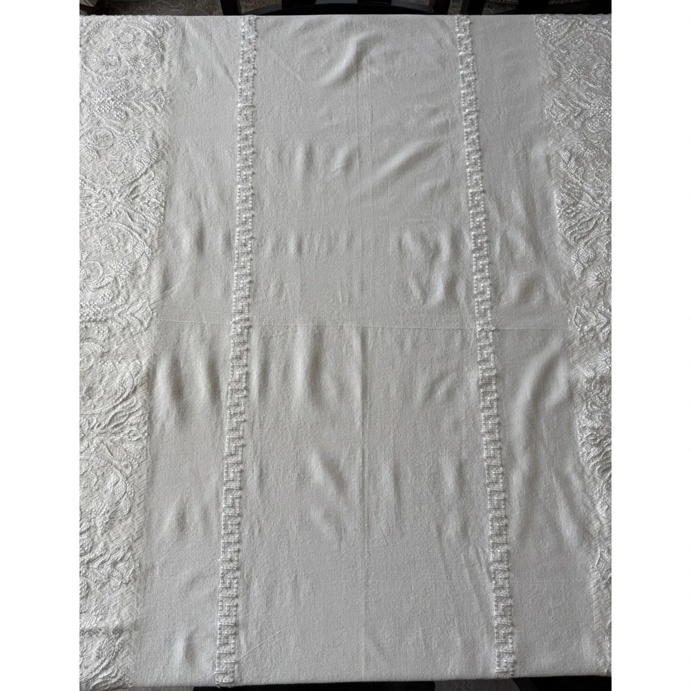 Vintage White Embroidered Tablecloth 56x74 Greek Key Floral Scrollwork Rectangle